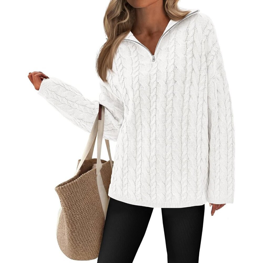 Womens Cable Knit Sweater Long Sleeve Quarter Zip Casual Fall Top